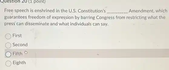 Question 20 (1 point)
Free speech is enshrined in the U.S. Constitution's __ Amendment, which
guarantees freedom of expression by barring Congress from restricting what the
press can disseminate and what individuals can say.
First
Second
Fifth
Eighth