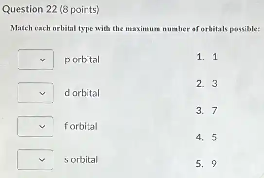Question 22 (8 points)
Match each orbital type with the maximum number of orbitals possible:
square porbital
square d orbital
square forbital
square s orbital
1. 1
2. 3
3. 7
4. 5
5. 9