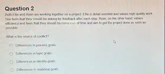 Question 2
Both Ellie and Ryan are working together on a project. Ellie is detail oriented and values high quality work.
She feels that they should be asking for feedback after each step Ryan, on the other hand, values
efficiency and feels that they should be conscious of time and aim to get the project done as soon as
possible.
What is the source of conflict?
Differences in process goals
Differences in topic goals
Differences in identity goals
Differences in relational goals