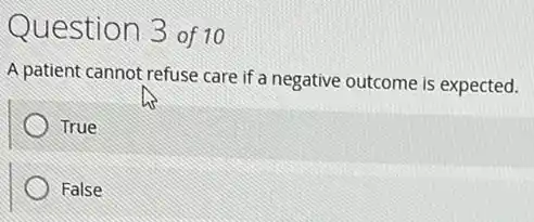 Question 3 of 10
A patient cannot refuse care if a negative outcome is expected.
True
False