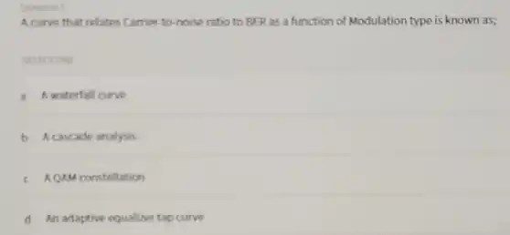 Question 5
A curve that relates Carrier-to-noise ratio to BER as a function of Modulation type is known as;
SELECTONE
A A waterfall curve
B A cascade analysis
C AQAM constellation
D An adaptive equalizer tap curve