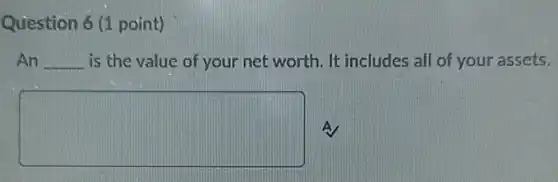 Question 6 (1 point)
An __ is the value of your net worth. It includes all of your assets.
square  A