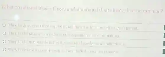 What do rational choice theory and situational choice theory have in common?
They both suggest that capital punishment is the most effective deterrent.
They both focus on an individual's conscious decision-making
They both involve a belief in the essential goodness of individuals.
They both emphasize the context in which decisions are made.