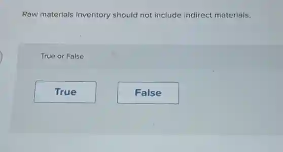 Raw materials inventory should not include indirect materials.
True or False
True
False