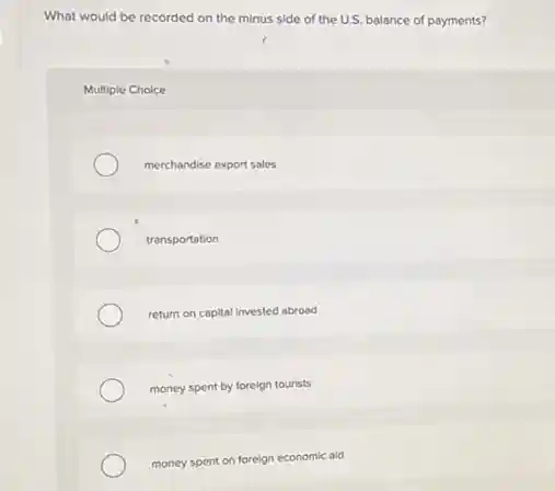 What would be recorded on the minus side of the U.S. balance of payments?
Multiple Choice
merchandise export sales
transportation
return on capital invested abroad
money spent by foreign tourists
money spent on foreign economic aid