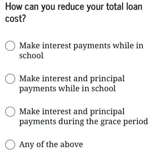 How can you reduce your total loan
cost?
Make interest payments while in
school
Make interest and principal
payments while in . school
Make interest and principal
payments during the grace period
Any of the above