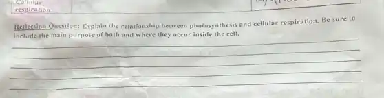 Reflection Question: Explain the relationship between photosynthesis and cellular respiration. Be sure to
__
