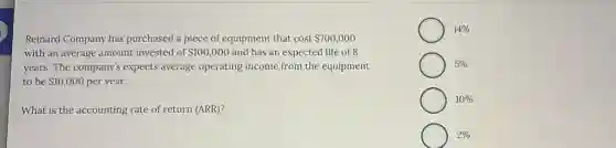 Reinard Company has purchased a piece of equipment that cost 700,000
with an average amount invested of 100,000 and has an expected life of 8
years. The company's expects average operating income from the equipment
to be 10,000 per year.
What is the accounting rate of return (ARR)?
14%
5%
10%
2%