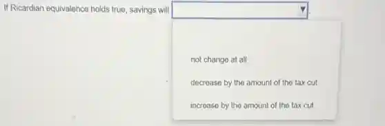 If Ricardian equivalence holds true, savings will
square not change at all
decrease by the amount of the tax cut
