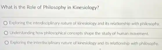 What is the Role of Philosophy in Kinesiology?
Exploring the interdisciplinary nature of kinesiology and its relationship with philosophy.
Understanding how philosophical concepts shape the study of human movement.
Exploring the interdisciplinary nature of kinesiology and its relationship with philosophy.