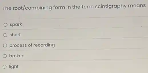 The root/combining form in the term scintigraphy means
spark
short
process of recording
broken
light