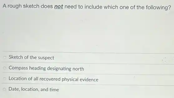 A rough sketch does not need to include which one of the following?
Sketch of the suspect
Compass heading designating north
Location of all recovered physical evidence
Date, location, and time