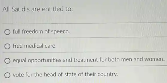 All Saudis are entitled to:
full freedom of speech.
free medical care.
equal opportunities and treatment for both men and women.
vote for the head of state of their country.