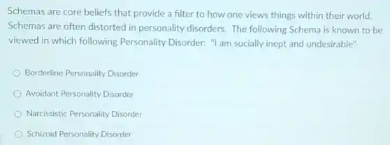 Schemas are core beliefs that provide a filter to how one views things within their world.
Schemas are often distorted in personality disorders. The following Schema is known to be
viewed in which following Personality Disorder: "I am socially inept and undesirable"
Borderline Personality Disorder
Avoidant Personality Disorder
Narcissistic Personality Disorder
Schizoid Personality Disorder