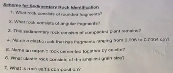 Scheme for Sedimentary Rock Identification
1. What rock consists of rounded fragments?
2. What rock consists of angular fragments?
3. This sedimentary rock consists of compacted plant remains?
4. Name a clastic rock that has fragments ranging from 0.006 to 0.0004 cm?
5. Name an organic rock cemented together by calcite?
6. What clastic rock consists of the smallest grain size?
7. What is rock salt's composition?