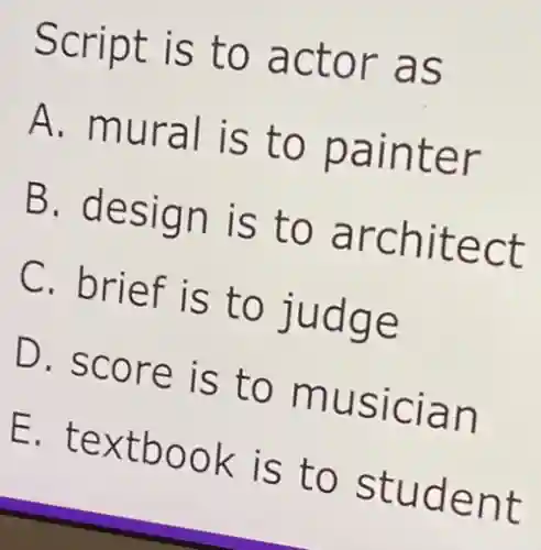 Script is to actor as
A. mural is to painter
B. design is to architect
C. brief is to judge
D. score is to musician
E. textbook is to student