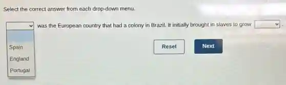Select the correct answer from each drop-down menu.
Reset
square
was the European country that had a colony in Brazil. It initially brought in slaves to grow square
Spain
England