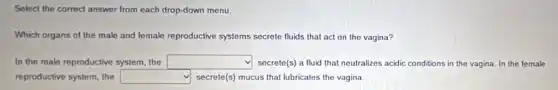 Select the correct answer from each drop-down menu.
Which organs of the male and lemale reproductive systems secrete fluids that act on the vagina?
In the male reproductive system, the square  secrete(s) a fluid that neutralizes acidic conditions in the vagina. In the female
reproductive system, the square  secrete(s) mucus that lubricates the vagina.