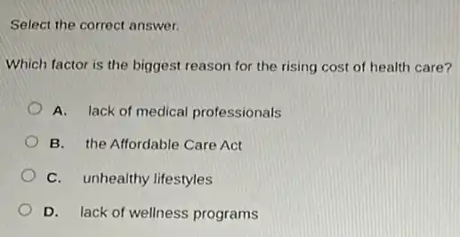 Select the correct answer.
Which factor is the biggest reason for the rising cost of health care?
A. lack of medical professionals
B. the Affordable Care Act
C. unhealthy lifestyles
D. lack of wellness programs