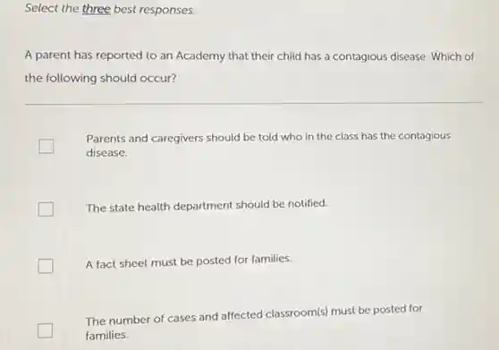 Select the three best responses.
A parent has reported to an Academy that their child has a contagious disease. Which of
the following should occur?
Parents and caregivers should be told who in the class has the contagious
disease.
The state health department should be notified.
A fact sheet must be posted for families.
The number of cases and affected classroom(s) must be posted for
families.