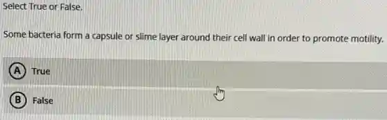 Select True or False.
Some bacteria form a capsule or slime layer around their cell wall in order to promote motility.
A ) True
B False