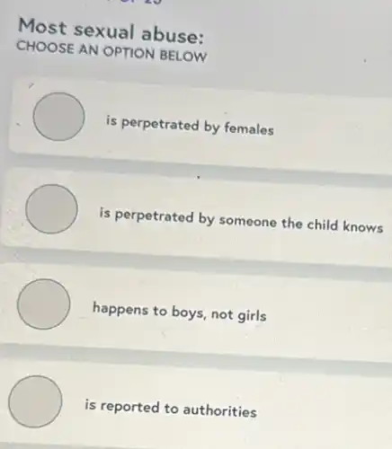 Most sexual abuse:
CHOOSE AN OPTION BELOW
is perpetrated by females
is perpetrated by someone the child knows
happens to boys, not girls
is reported to authorities