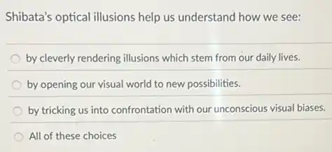 Shibata's optical illusions help us understand how we see:
by cleverly rendering illusions which stem from our daily lives.
by opening our visual world to new possibilities.
by tricking us into confrontation with our unconscious visual biases.
All of these choices