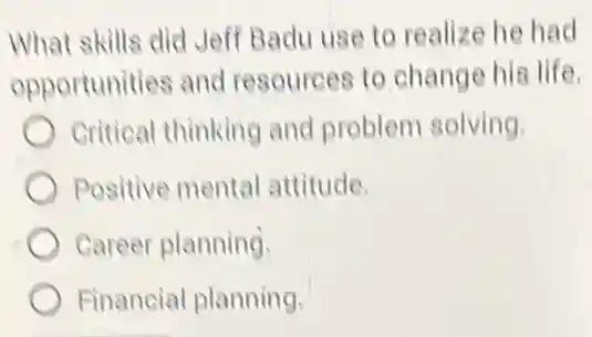 What skills did Jeff Badu use to realize he had
opportunities and resources to change his life.
Critical thinking and problem solving.
Positive mental attitude.
Career planning.
Financial planning.