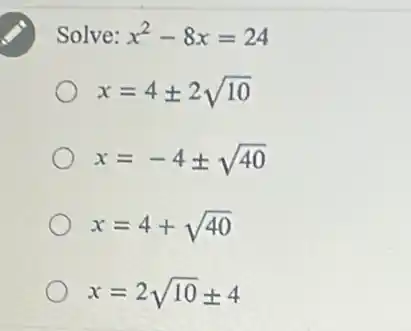 Solve: x^2-8x=24
x=4pm 2sqrt (10)
x=-4pm sqrt (40)
(1)/(2)+(1)/(2)+(1)/(3)+(1)/(3)+(1)/(3)+(1)/(12)+frac
x=2sqrt (10)pm 4