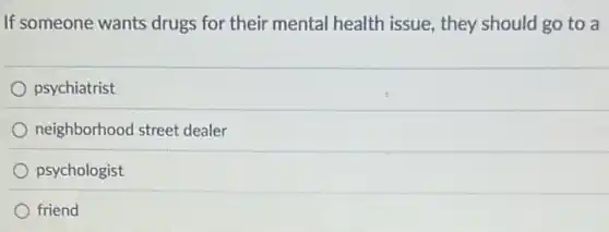 If someone wants drugs for their mental health issue, they should go to a
psychiatrist
neighborhood street dealer
psychologist
friend