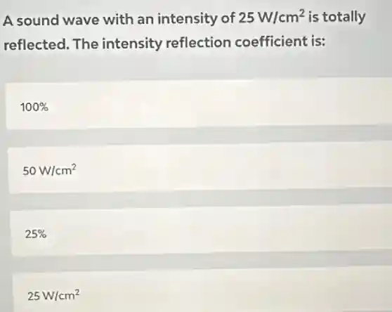 A sound wave with an intensity of 25W/cm^2 is totally
reflected. The intensity reflection coefficient is:
100%
50W/cm^2
25%
25W/cm^2