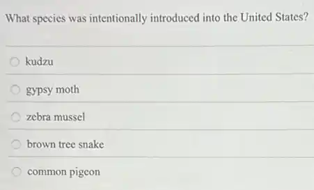 What species was intentionally introduced into the United States?
kudzu
gypsy moth
zebra mussel
brown tree snake
common pigeon