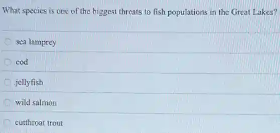 What species is one of the biggest threats to fish populations in the Great Lakes?
sea lamprey
cod
jellyfish
D wild salmon
cutthroat trout