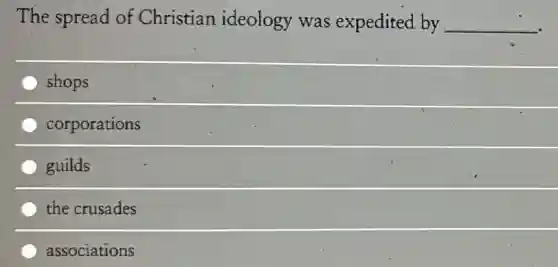 The spread of Christian ideology was expedited by __
shops
corporations
guilds
the crusades
associations