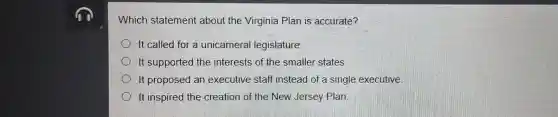 Which statement about the Virginia Plan is accurate?
It called for a unicameral legislature:
It supported the interests of the smaller states.
It proposed an executive staff instead of a single executive
It inspired the creation of the New Jersey Plan