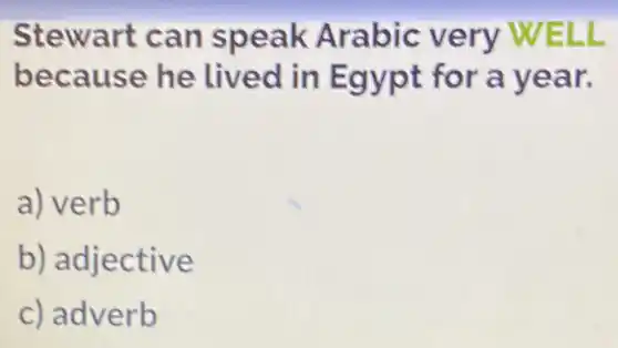 Stewart can speak Arabic very WELL
because he lived in Egypt for a year.
a) verb
b) adjective
c) adverb