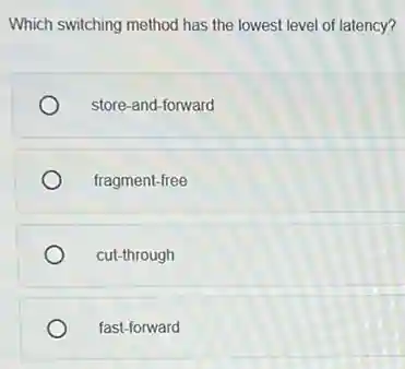 Which switching method has the lowest level of latency?
store-and-forward
fragment-free
cut-through
fast-forward