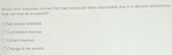 Which term describes money that had previously been unavailable due to donor's restrictions
that can now be accessed?
Not assets released
Contributed revenue
Earned revenue
Change in net assets