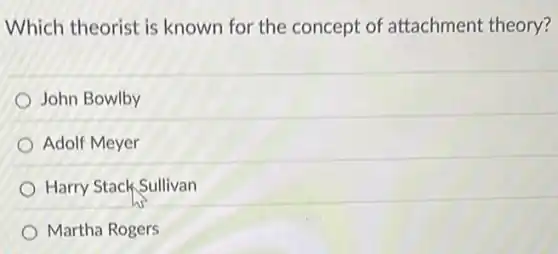 Which theorist is known for the concept of attachment theory?
John Bowlby
Adolf Meyer
Harry Stack Sullivan
Martha Rogers