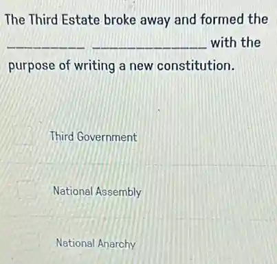 The Third Estate broke away and formed the
__ __ with the
purpose of writing a new constitution.
Third Government
I National Assembly
National Anarchy