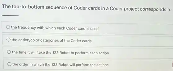 The top-to-bottom sequence of Coder cards in a Coder project corresponds to
__
the frequency with which each Coder card is used
the action/color categories of the Coder cards
the time it will take the 123 Robot to perform each action
the order in which the 123 Robot will perform the actions