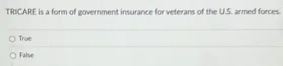 TRICARE is a form of government insurance for veterans of the U.S. armed forces.
True
False