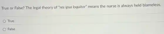 True or False? The legal theory of "res ipsa loquitor" means the nurse is always held blameless.
True
False