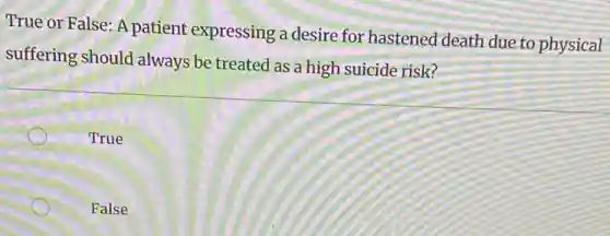 True or False: A patient expressing a desire for hastened death due to physical
suffering should always be treated as a high suicide risk?
True
False