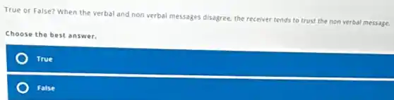True or False? When the verbal and non verbal messages disagree, the receiver tends to trust
the non verbal message.
Choose the best answer.
True
False