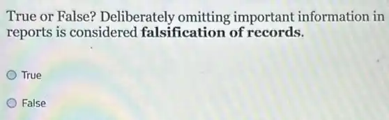 True or False?Deliberately omitting important information in
reports is considered falsification of records.
True
False