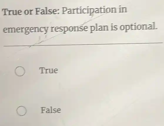 True or False:Participation in
emergency response plan is optional.
True
False