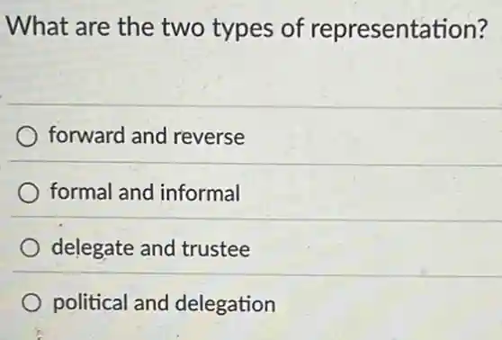 What are the two types of representation?
forward and reverse
formal and informal
delegate and trustee
political and delegation