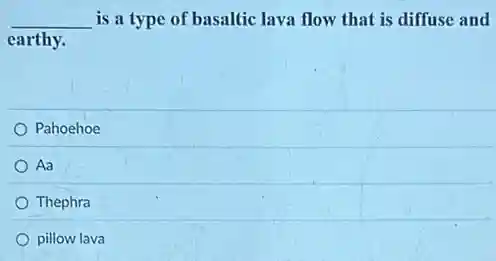 __ is a type of basaltic lava flow that is diffuse and
earthy.
Pahoehoe
Aa
Thephra
pillow lava