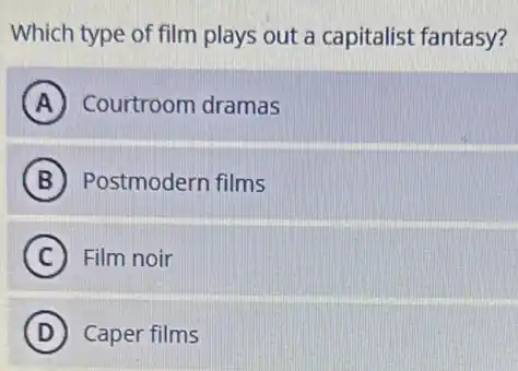 Which type of film plays out a capitalist fantasy?
A Courtroom dramas
B Postmodern films
C Film noir
D Caper films